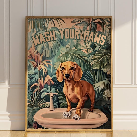 Wash Your Paws Dachshund Bathroom Wall Decor Funny Wiener Dog Mom Wall Art Plants Botanical Toilet Sign Poster