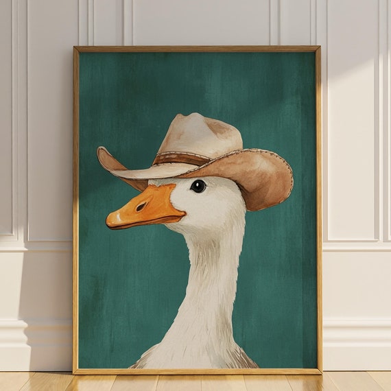 Silly Cowboy Goose Wearing Cowboy Hat Wall Art Cute Funny Nursery Kids Room Painting Farm House Wall Decor Gift