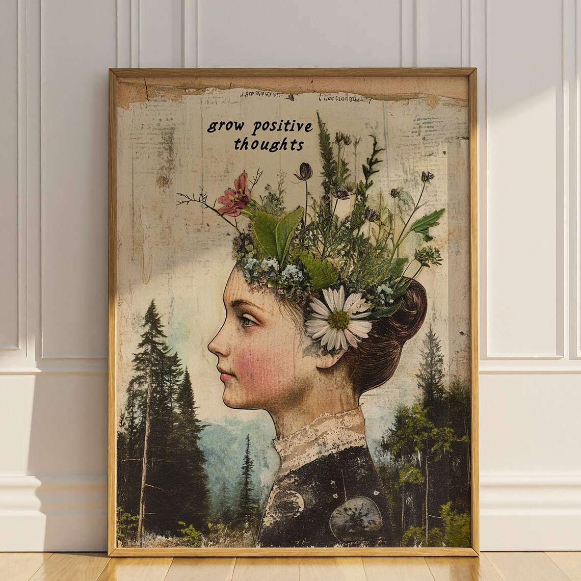 Grow Positive Thoughts Vintage Floral Woman Forest Collage Poster