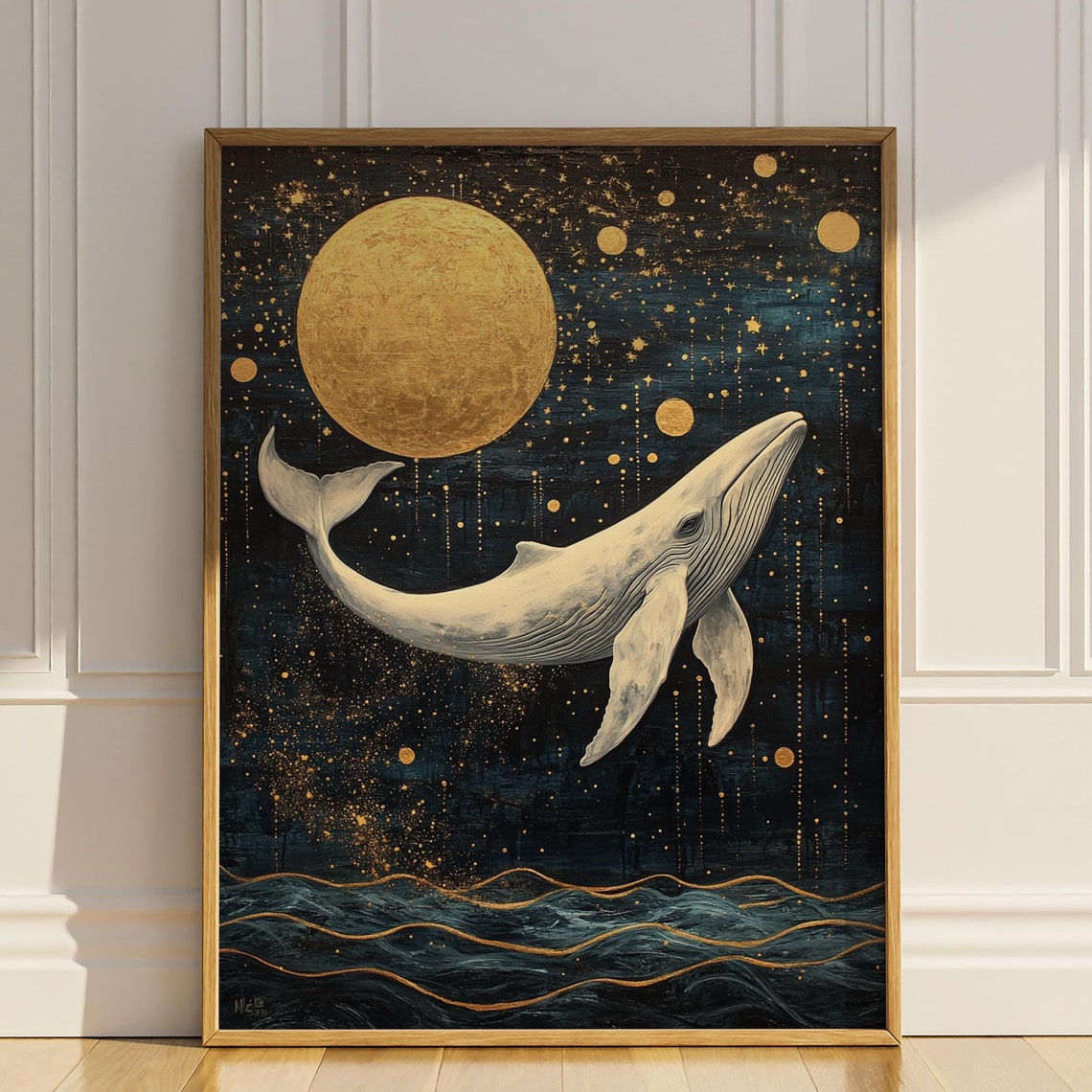 White Humpback Whale Gold Full Moon Celestial Night Ocean Art Poster - Image 3