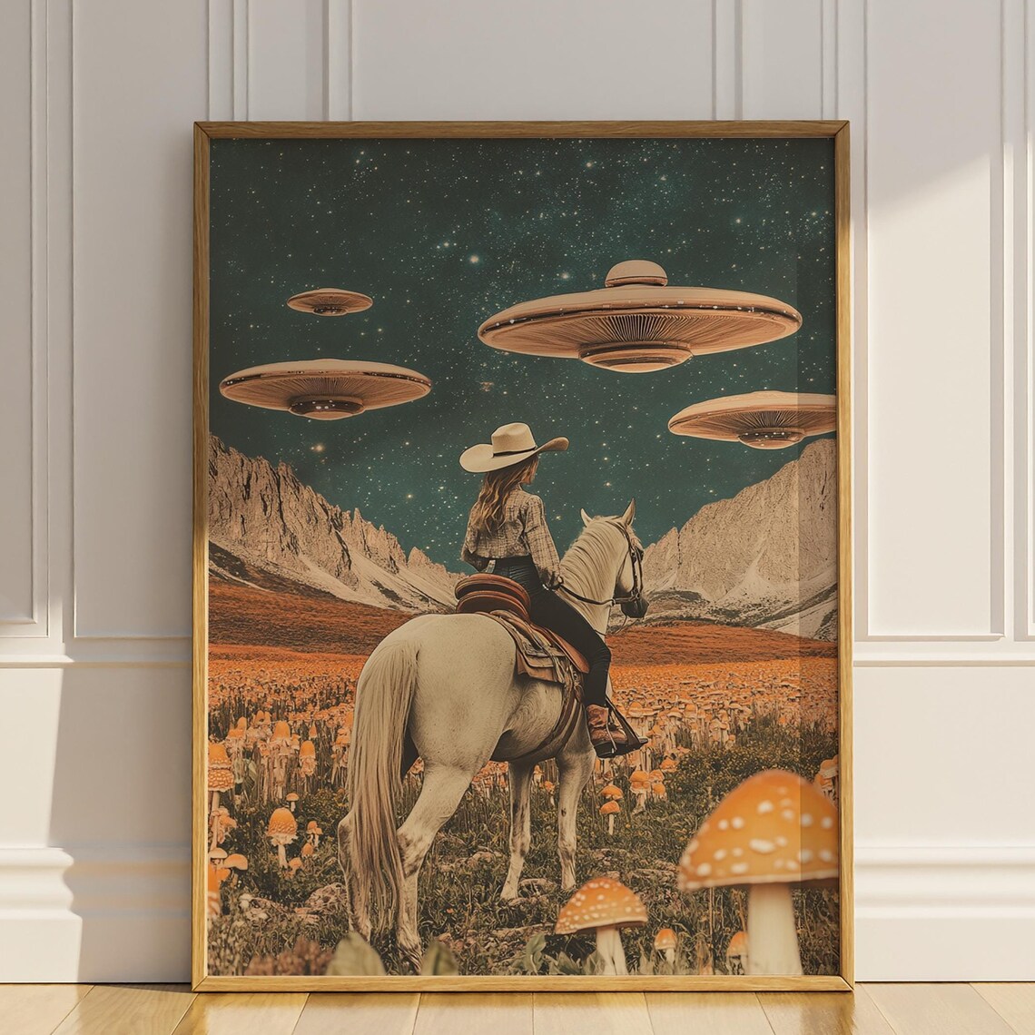 Cowgirl On Horseback UFO Mushroom Field Surreal Desert Collage Poster