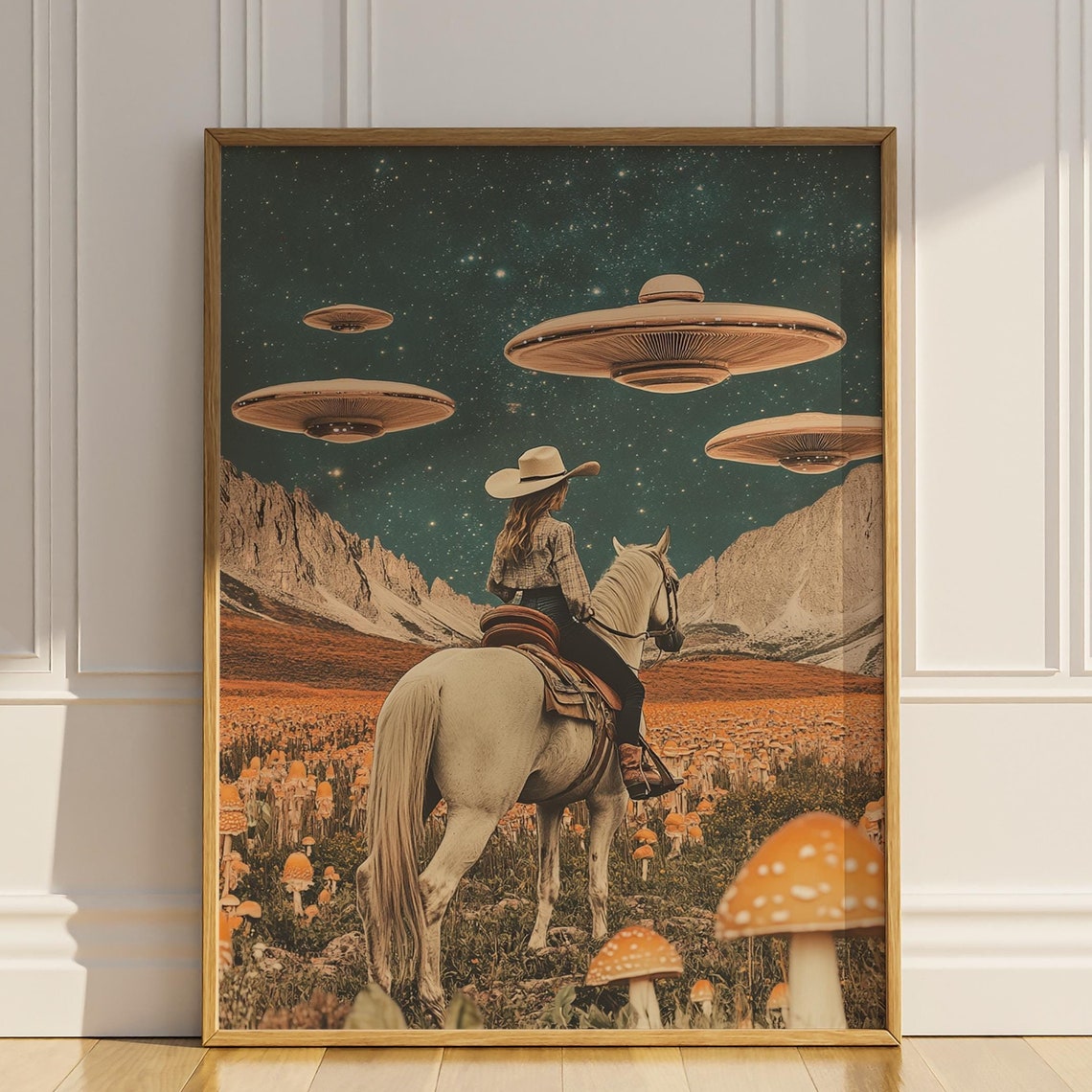 Cowgirl Riding Horse Vintage Collage Wall Art Mushroom Ufo Trippy Surrealism Wall Decor Painting Western Pothead Poster