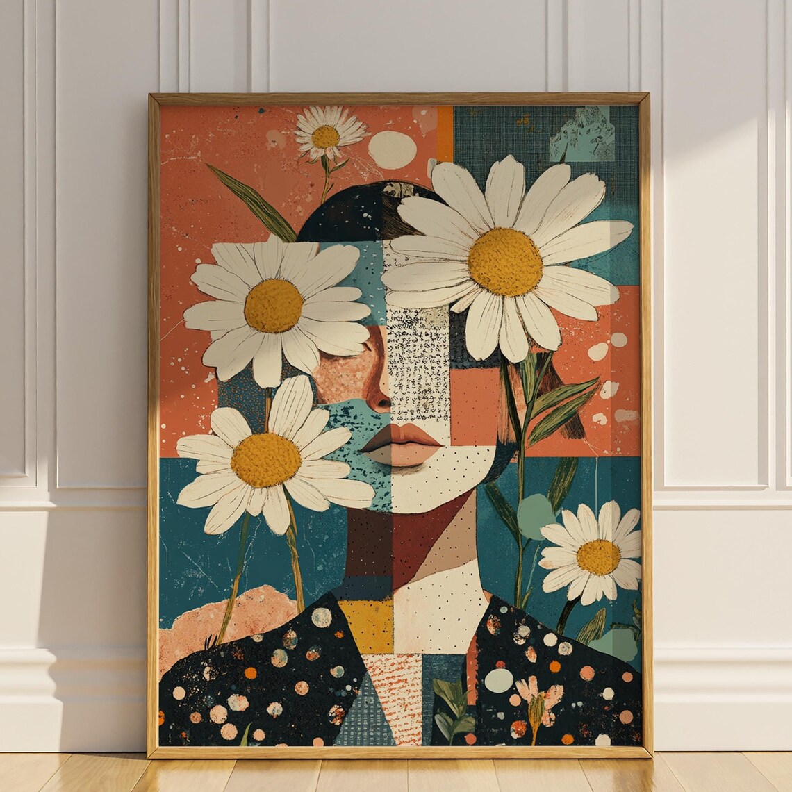 Woman with Daisy Flowers Abstract Collage Portrait Colorful Poster