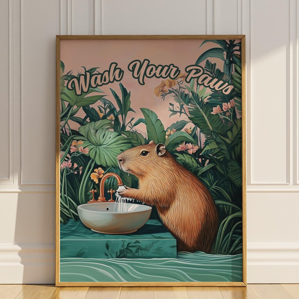 Funny Capybara Wash Your Paws At Sink Botanical Bathroom Wall Art