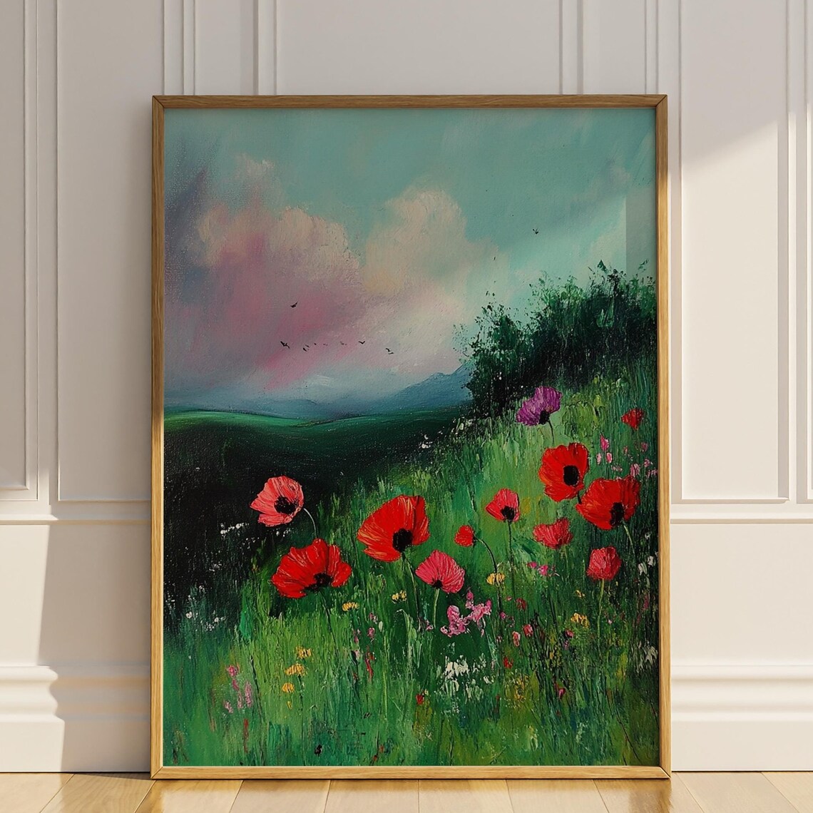 Red Poppies Wildflower Field Pink Sky Mountain Landscape Oil Poster