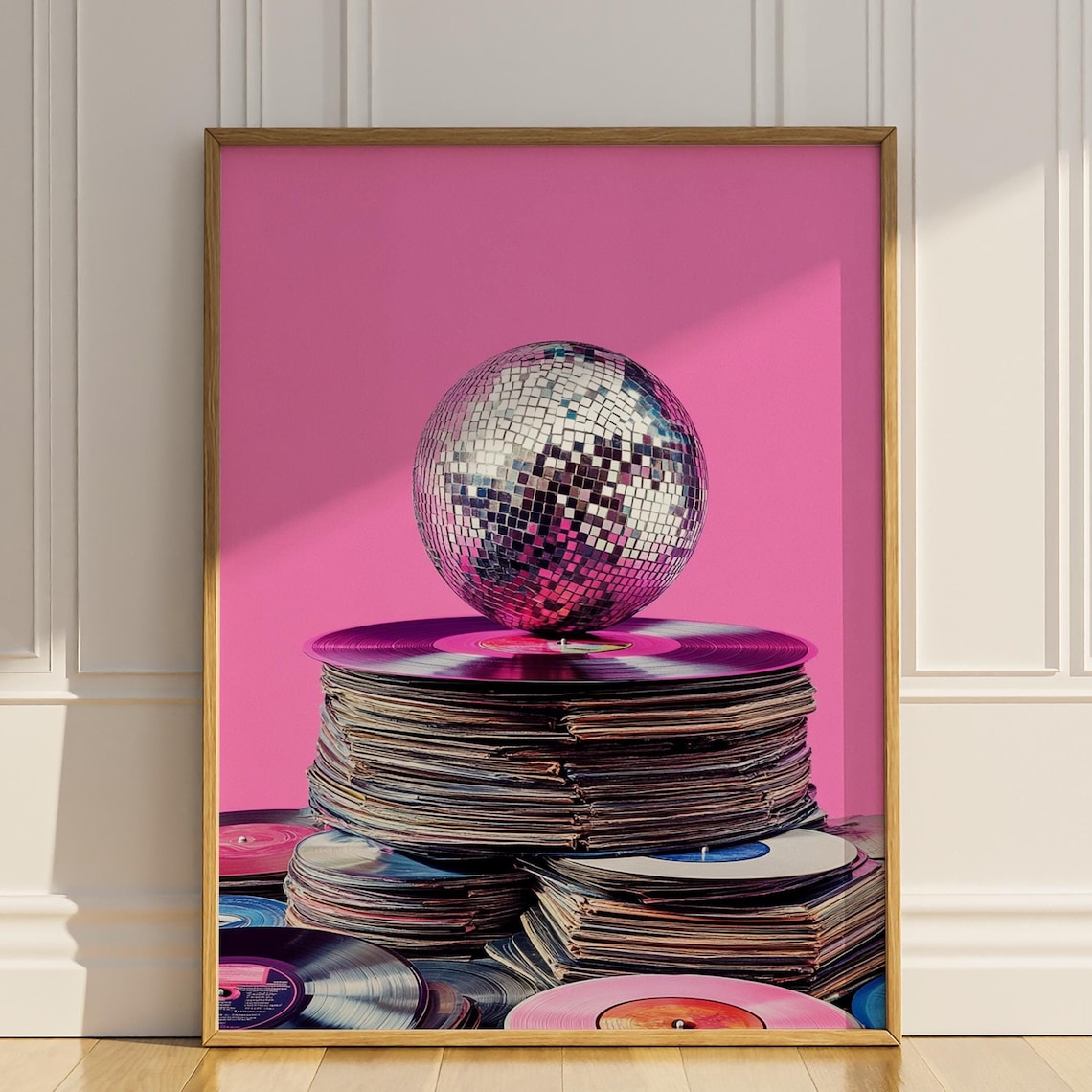 Vinyl Records and Disco Ball, Vintage 70s Poster