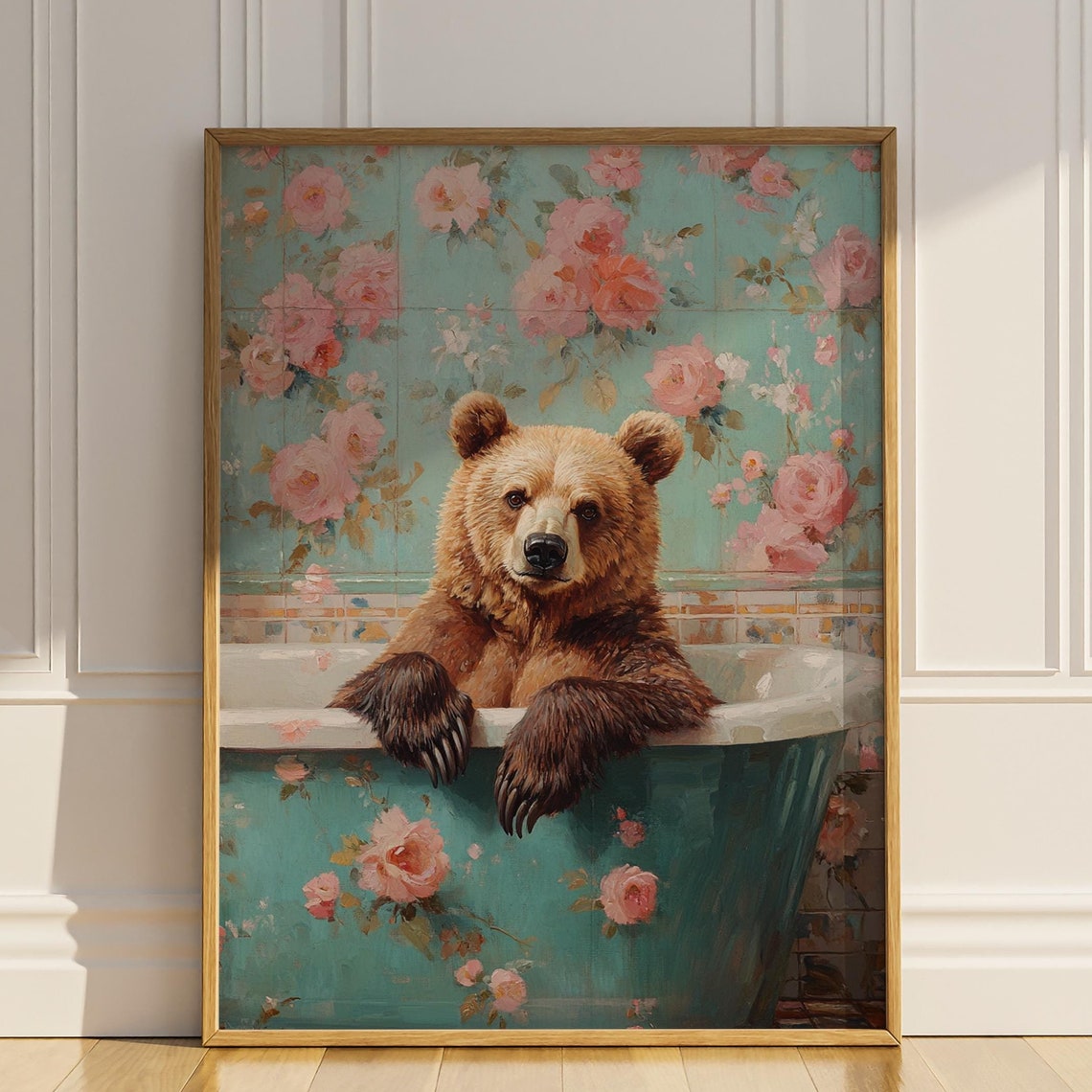 Brown Bear Soaking in Vintage Floral Bathtub Funny Bathroom Art Poster