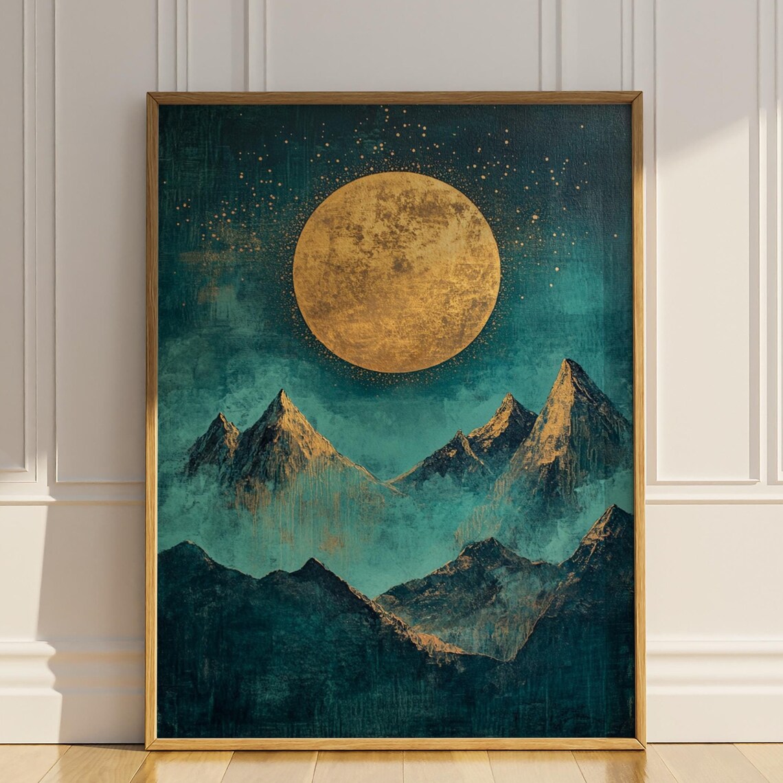 Golden Moon Rising over Teal Mountain Peaks Starry Night Art Poster