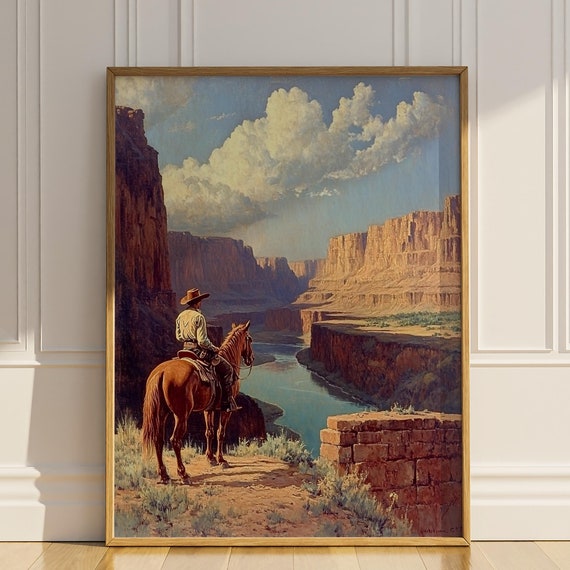 Cowboy Riding Horse In Canyon Landscape Celestial Wall Art Wall Decor Art Deco Oil Painting Western Poster