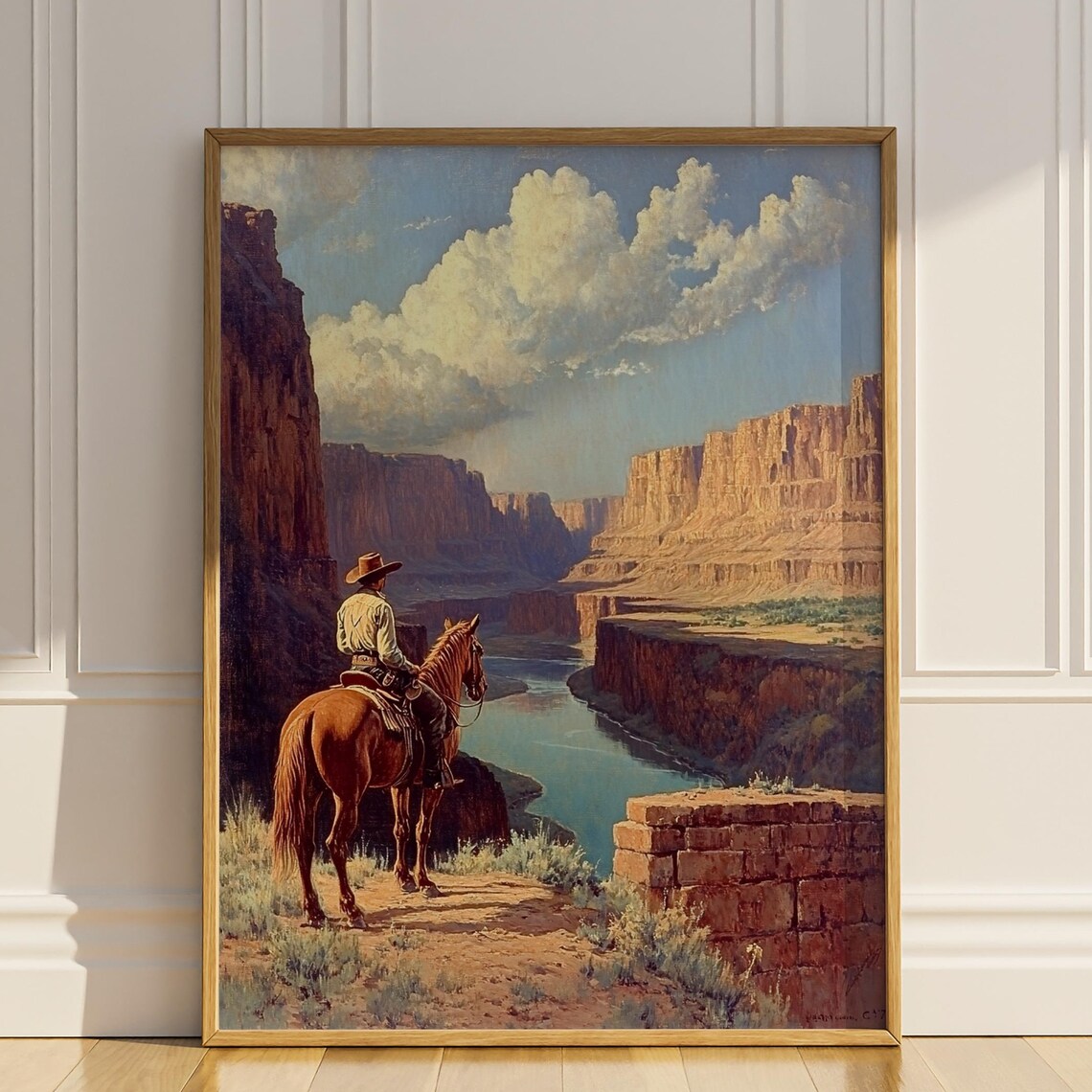 Cowboy Overlooking Desert Canyon River Grand Western Landscape Poster