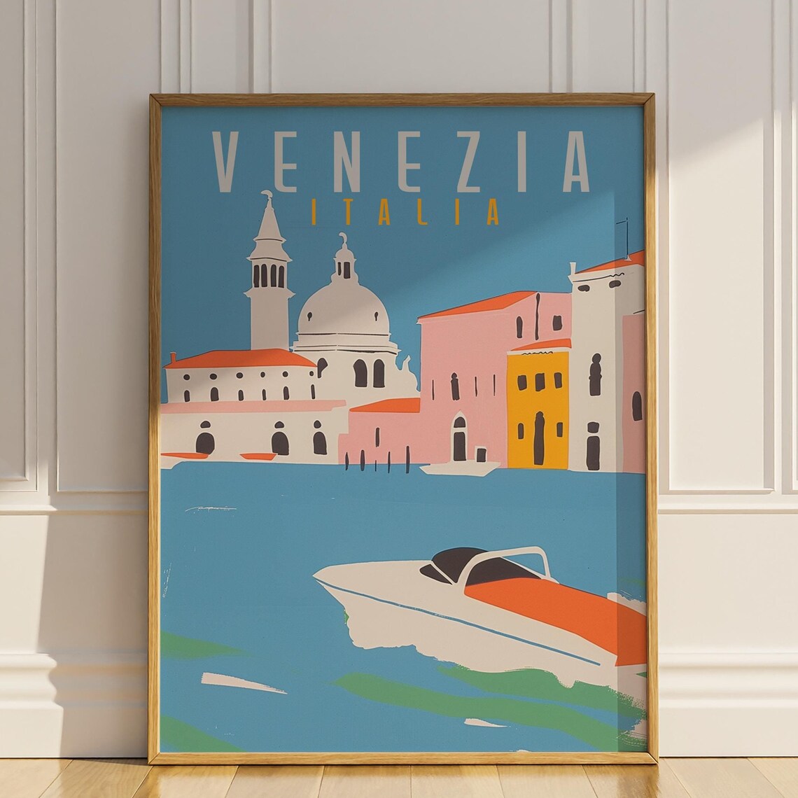Venezia Italia Venice Grand Canal Speedboat Retro Travel Poster