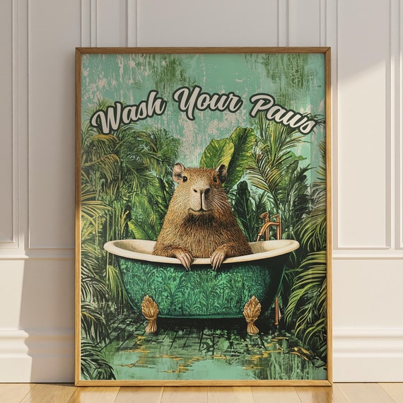 Wash Your Paws Capybara Bathroom Poster Print Funny Wall Decor Vintage Houseplants Botanical Restroom Toilet Wall Art Sign Matte Poster