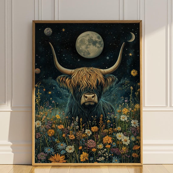 Celestial Highland Cow Wildflowers Wall Art Full Moon Floral Artdeco Oil Painting Home Wall Decor Gift Poster