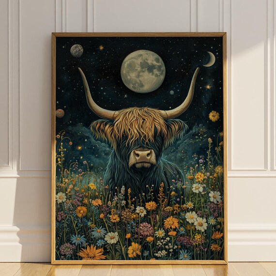 Highland Cow Standing in Moonlit Wildflower Meadow Night Poster
