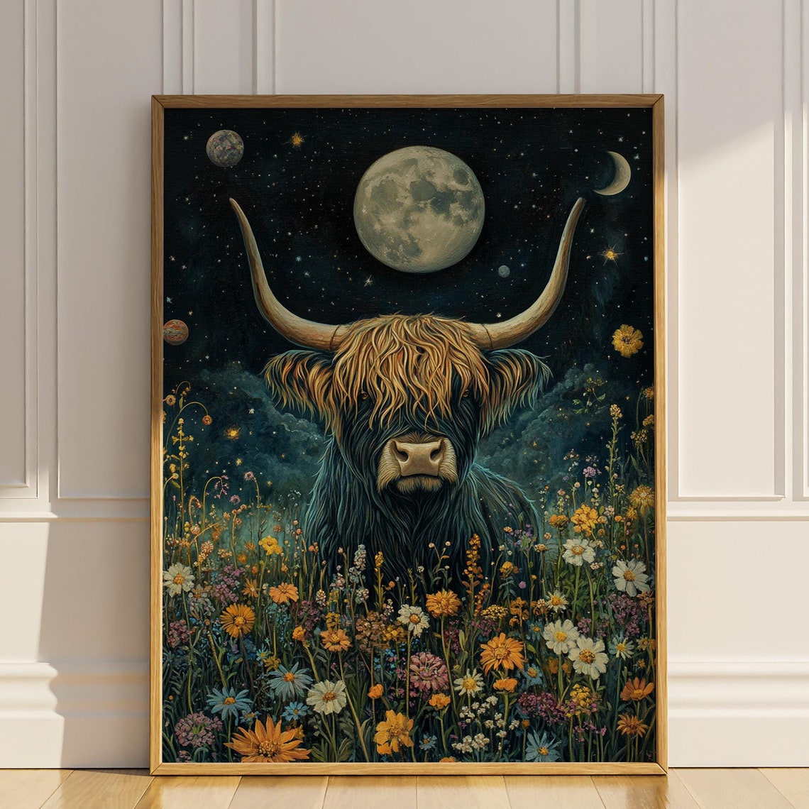 Highland Cow Standing in Moonlit Wildflower Meadow Night Poster