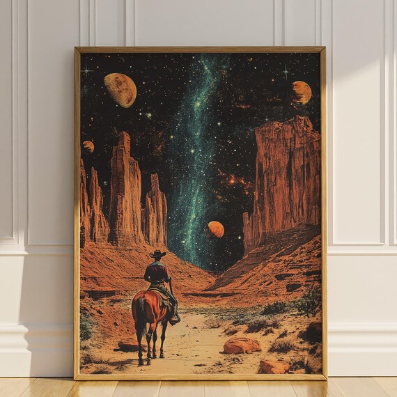 Cowboy Riding Horse in Canyon Landscape Poster