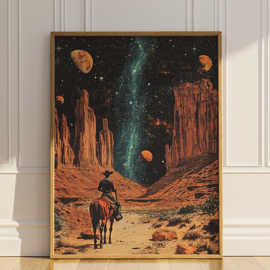 Cowboy Riding Horse in Canyon Landscape Poster