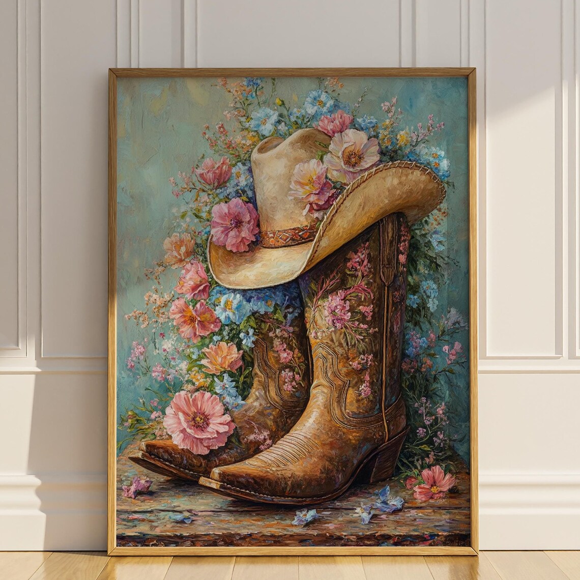 Floral Cowboy Boots and Hat, Vintage Boho Poster