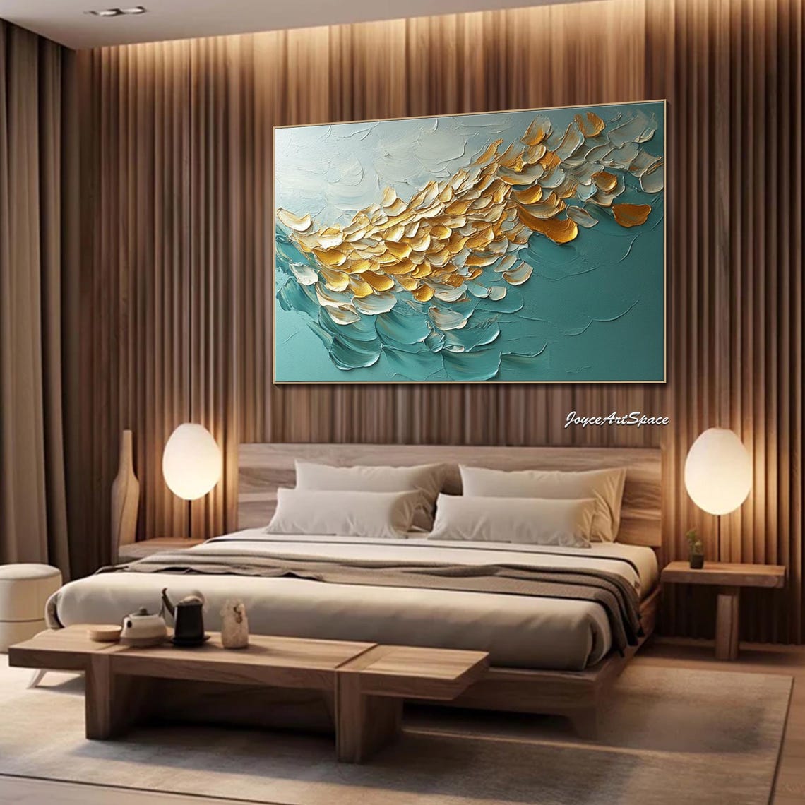 Gold White Feathers Teal Abstract 3D Textured Impasto Wall Art - Image 5