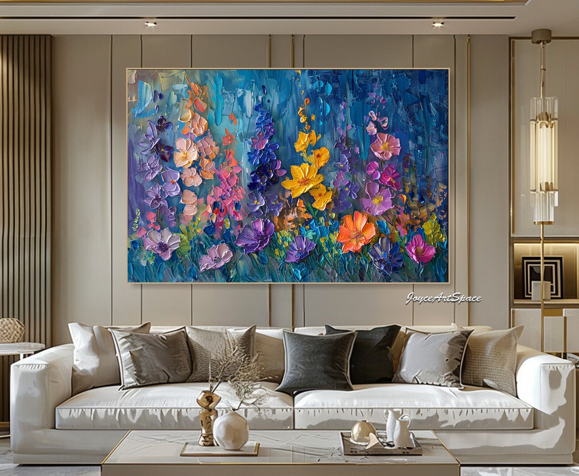 Colorful Wildflowers Deep Blue Textured 3D Floral Oil Painting Poster - Image 3