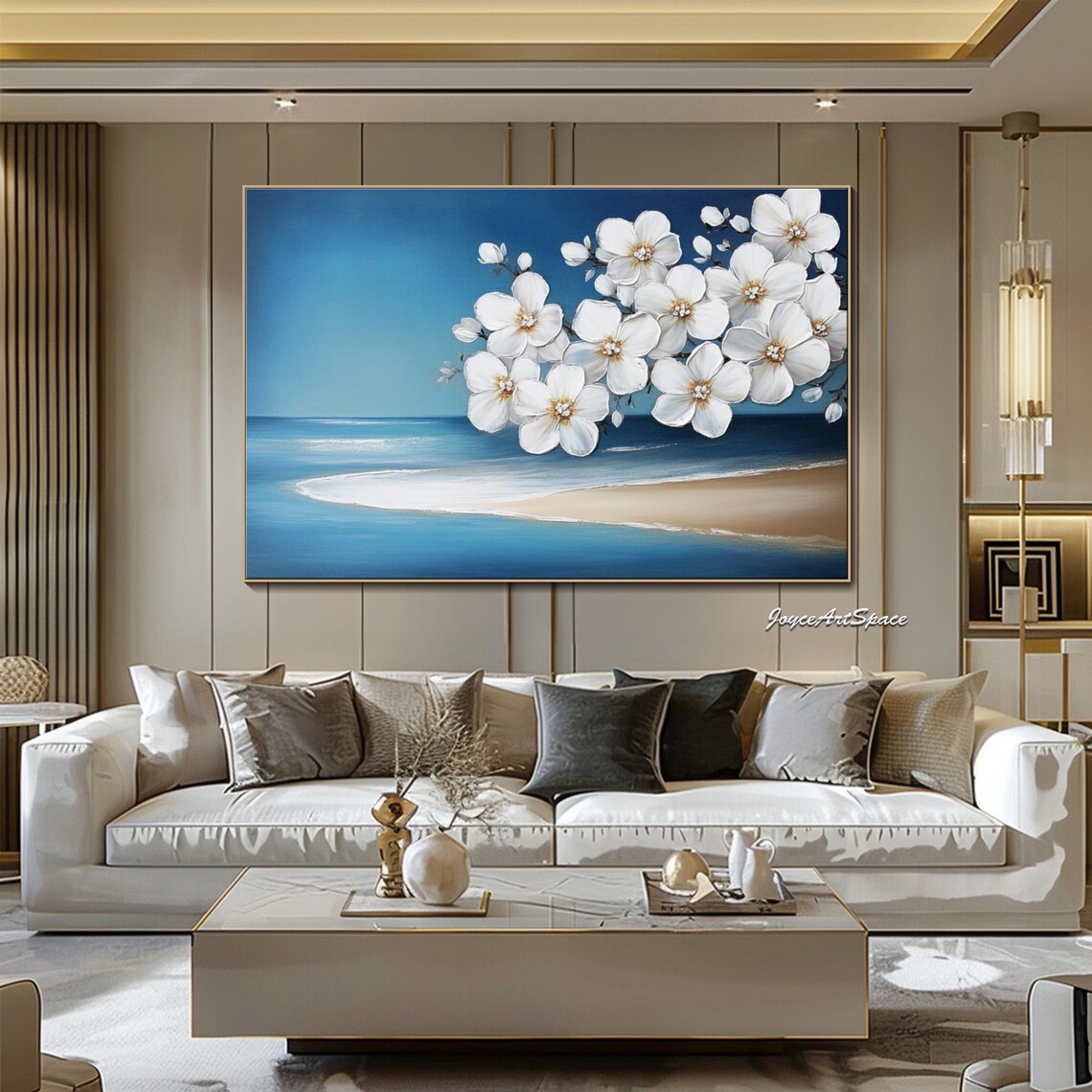White Blossom Branch Ocean Shore Oil Painting Blue Coastal Floral Wall Art - Image 3