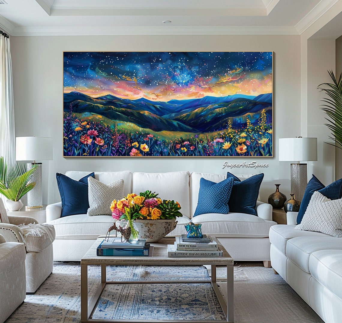 Starry Night Rolling Hills Wildflowers 3D Impasto Dreamy Wall Art - Image 4
