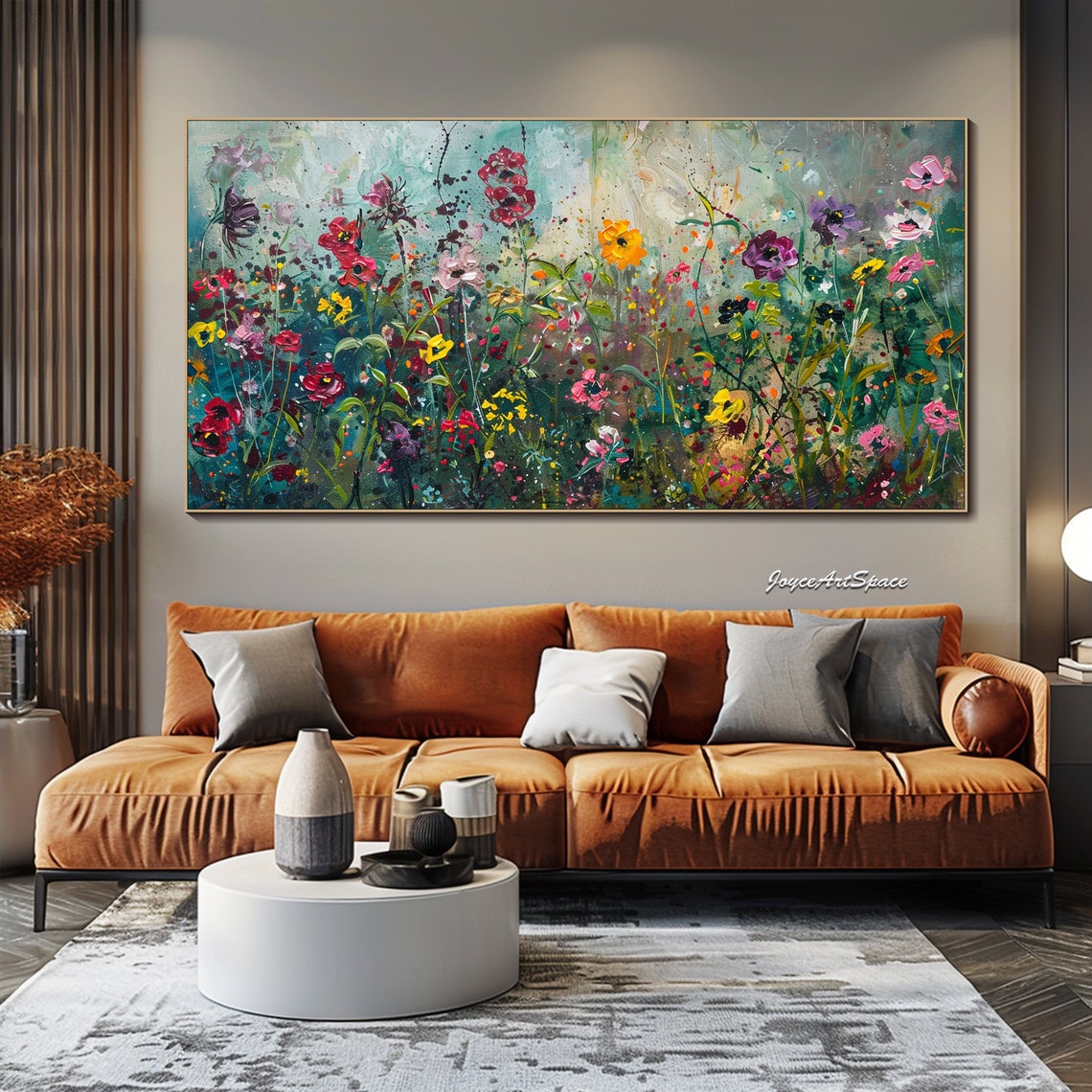 Wildflower Meadow Teal Background Colorful Blooms Impasto Wall Art - Image 2