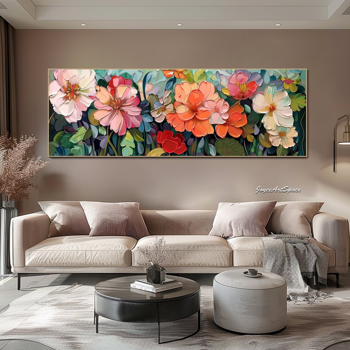 Pink Orange Panoramic Blossom Garden Textured 3D Floral Art Poster - Image 4