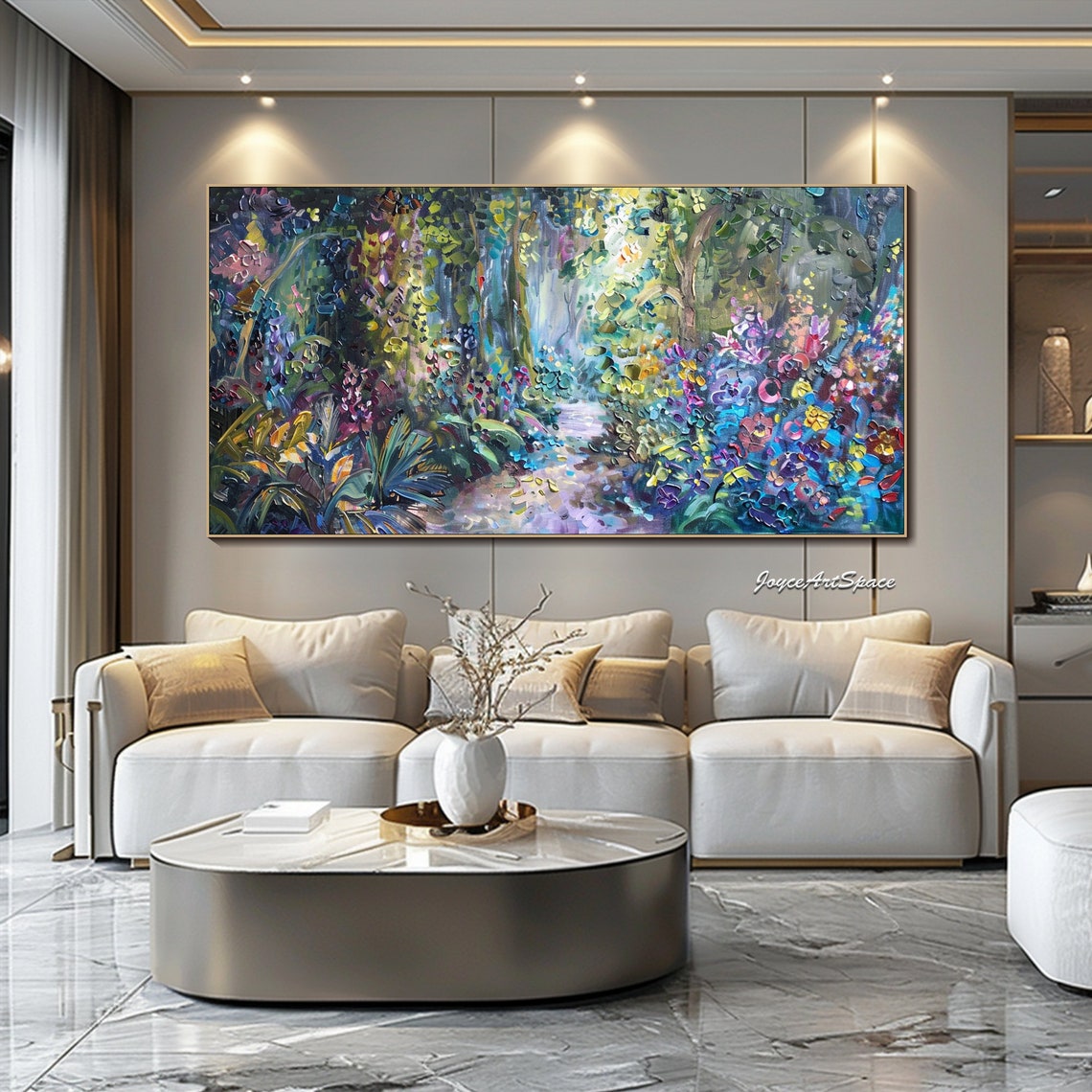 Enchanted Forest Path Colorful Flowers 3D Impasto Landscape Wall Art - Image 5