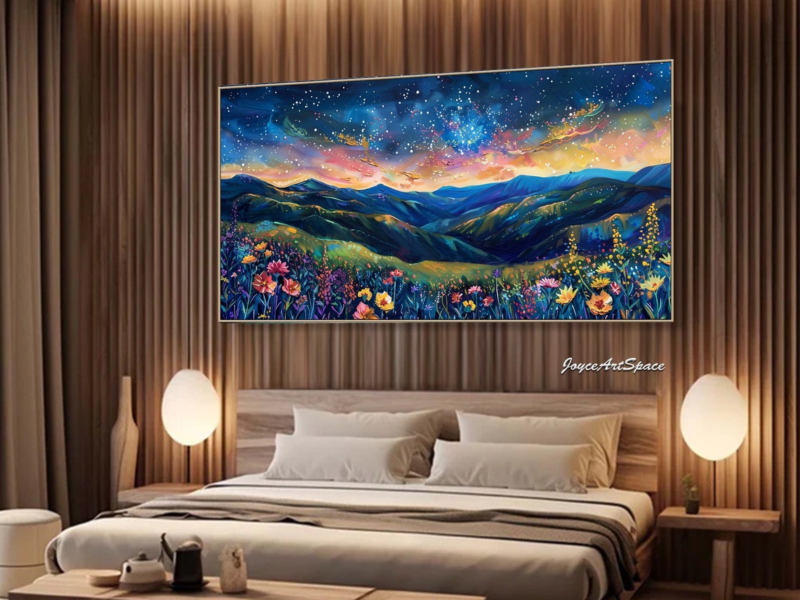 Starry Night Rolling Hills Wildflowers 3D Impasto Dreamy Wall Art - Image 2