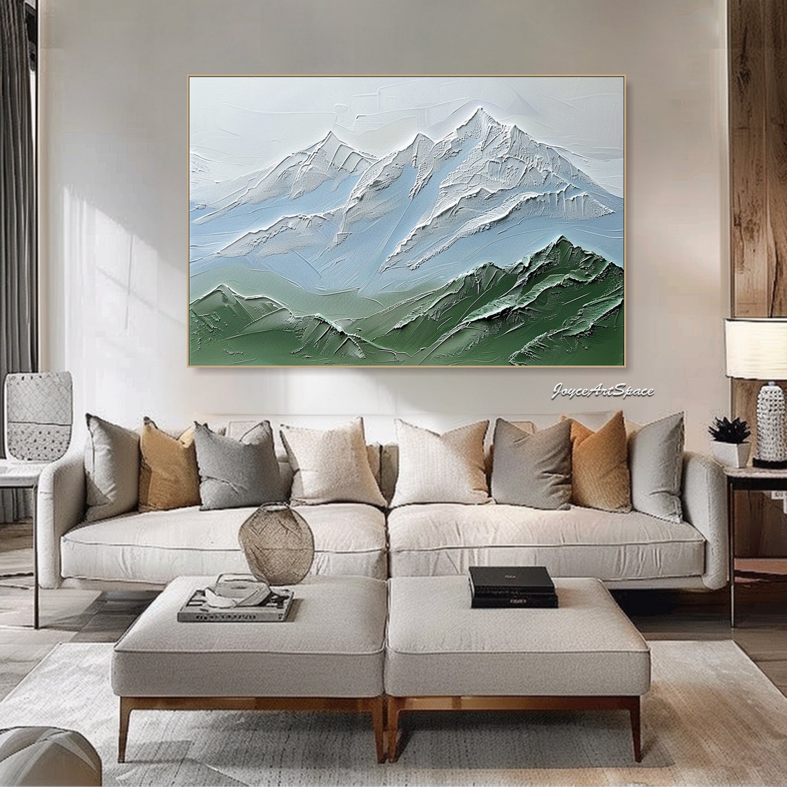 Green Snowy Mountain Range Textured 3D Impasto Landscape Oil Poster - Image 4