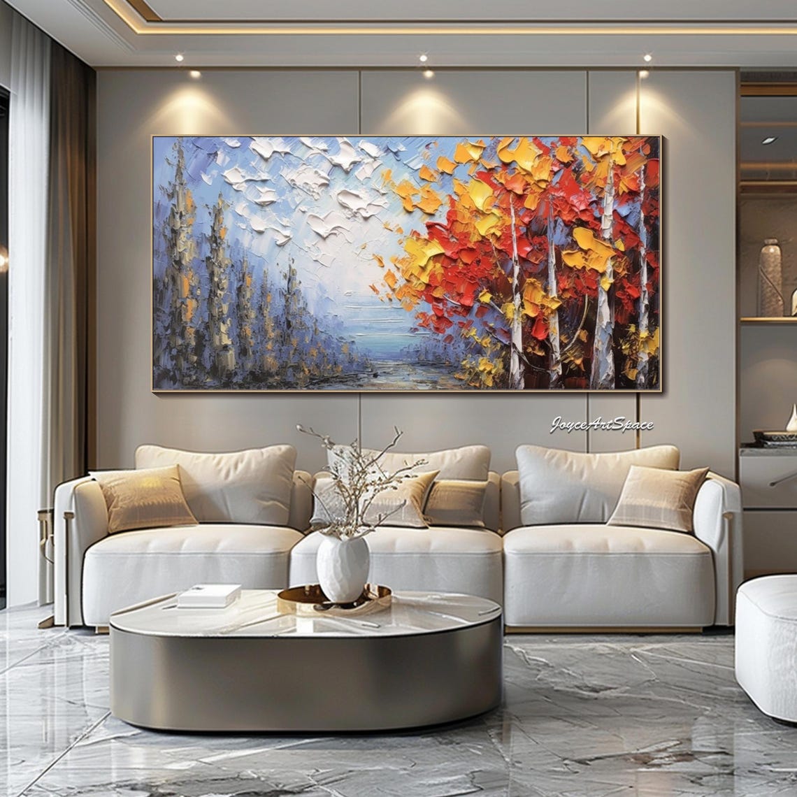 Autumn Trees Red Orange Foliage Misty Blue Forest Impasto Wall Art - Image 4