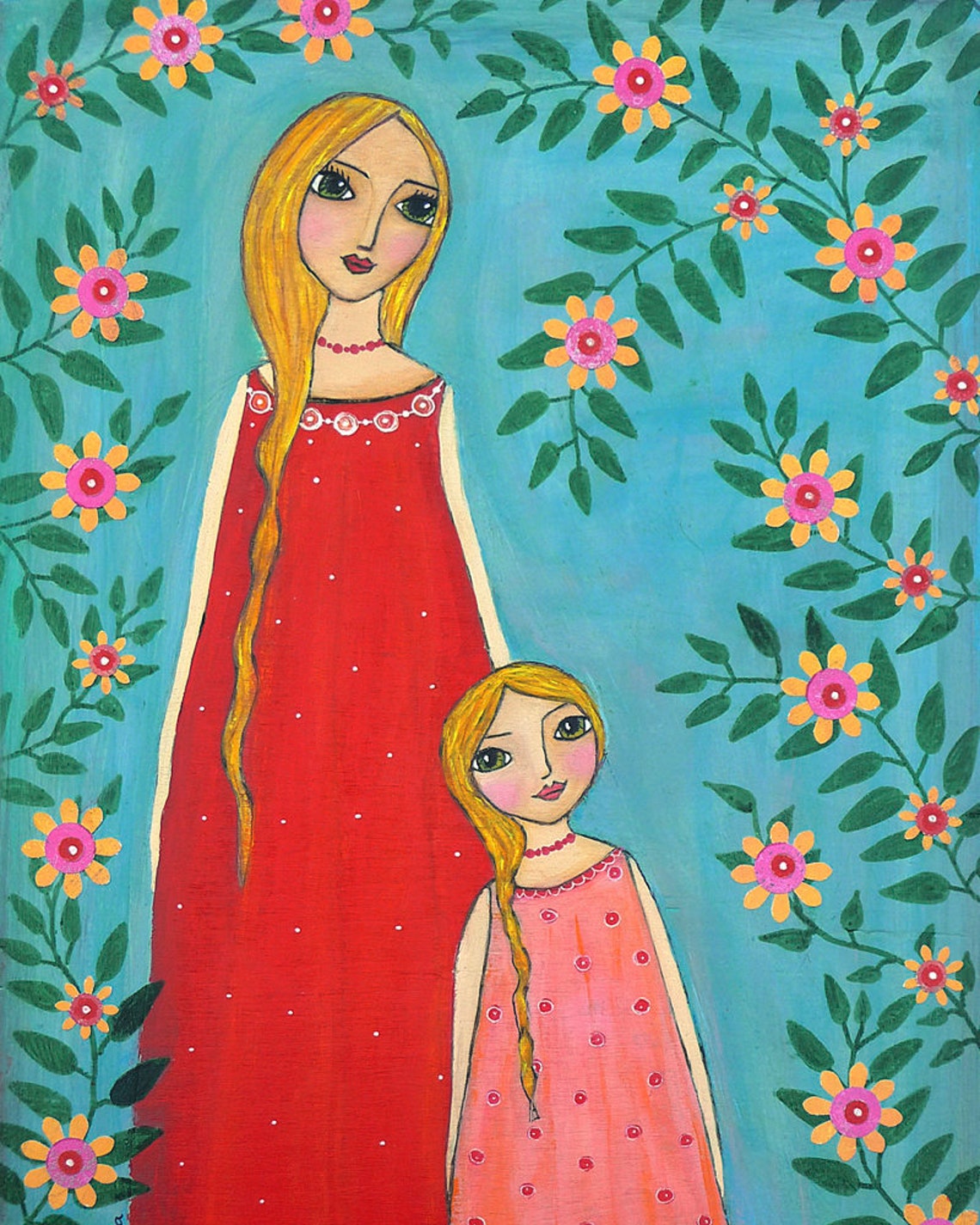 Golden-Haired Mother and Daughter Among Flowering Vines Poster