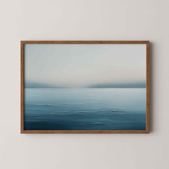 Calm Ocean Landscape Print Abstract Coastal Wall Art Blue Gray Seascape Beachy Horizon Painting Minimalist Modern Decor