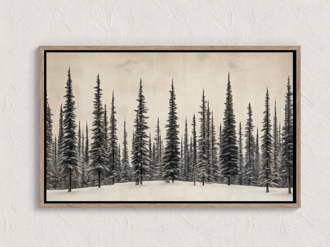 Monochrome Snowy Pine Forest Winter Woodland Black White Print