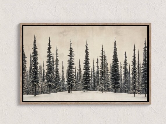 Monochrome Snowy Pine Forest Winter Woodland Black White Print
