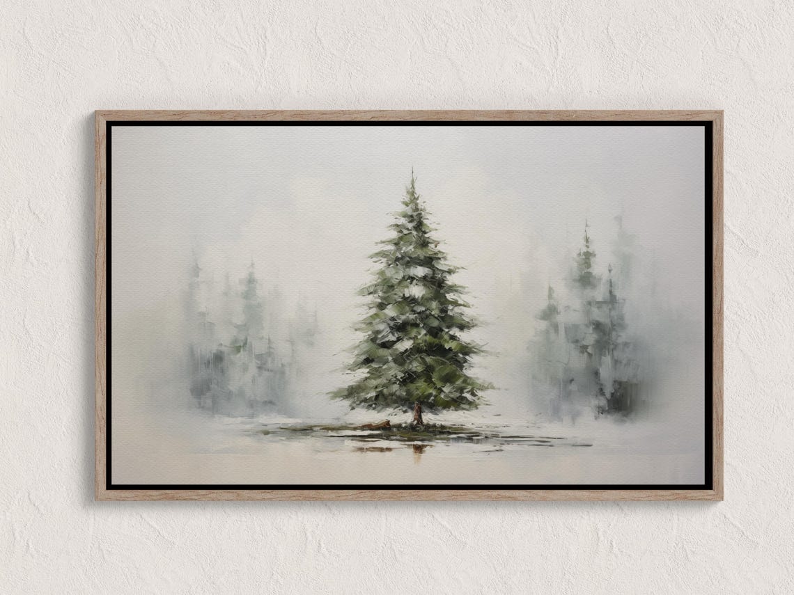 Lone Pine Tree Foggy Snowfall Minimalist Winter Landscape Poster