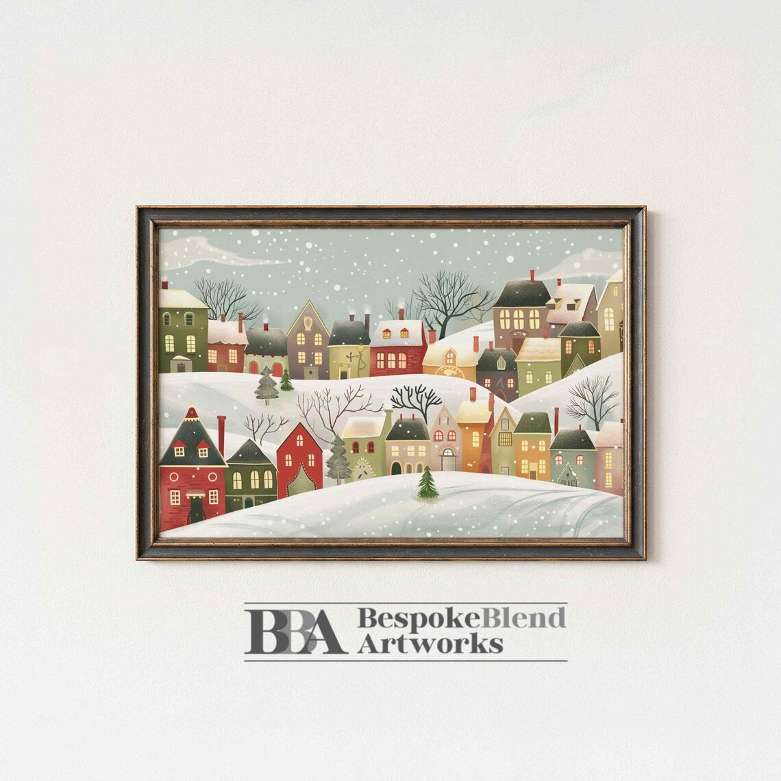 Scandinavian Winter Village Snowy Town Minimalist Holiday Art Poster