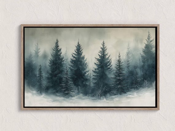 Vintage Winter Pine Forest Print Rustic Snowy Landscape Painting Antique Evergreen Dcor Farmhouse Wall Art