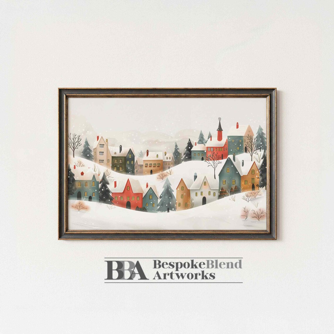 Watercolor Snowy Village Houses Church Steeple Winter Art Poster