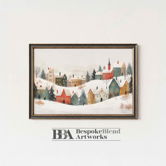 Snowy Village Watercolor Houses Church Winter Holiday Scene Poster