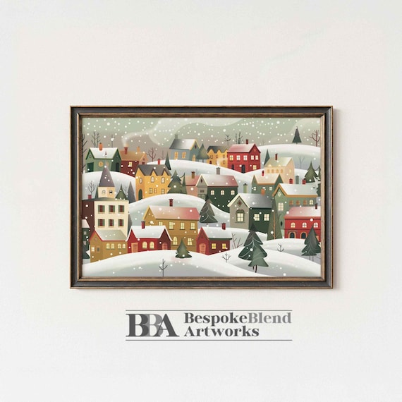 Cozy Winter Village Snow Covered Cottages Storybook Holiday Poster