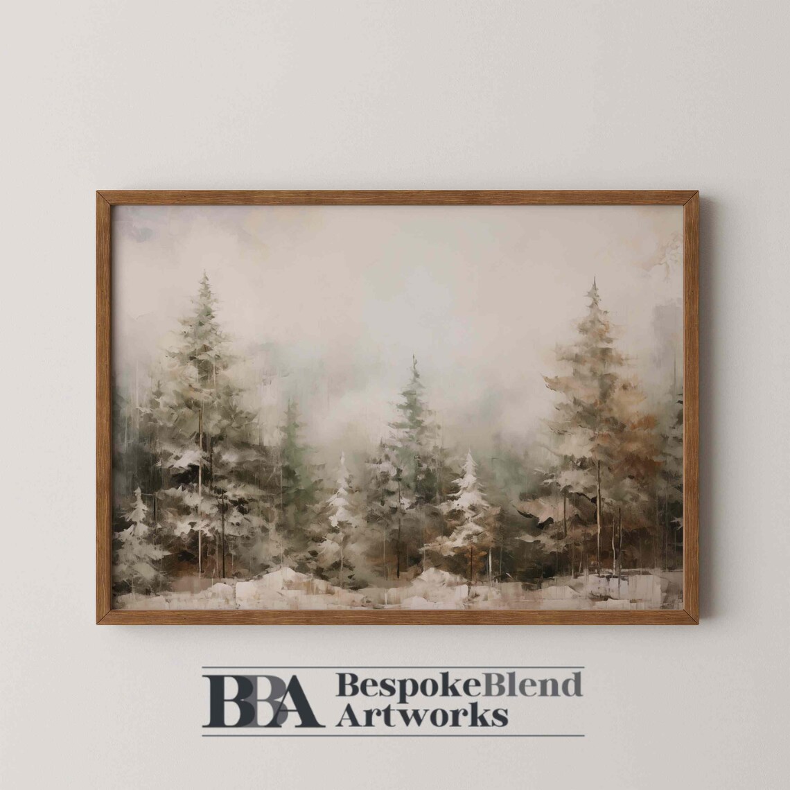 Misty Snowy Pine Forest Soft Winter Watercolor Landscape Wall Art