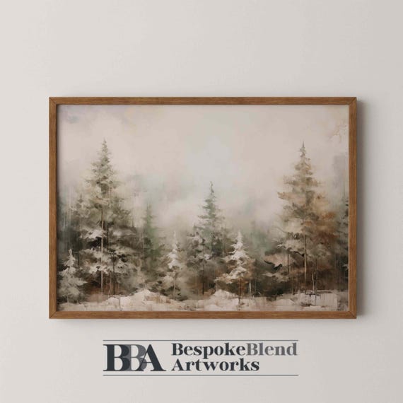 Snowy Pine Tree Print Winter Landscape Wall Art For Cozy Cabin Decor Neutral Seasonal Style Or Rustic Holiday Interiors