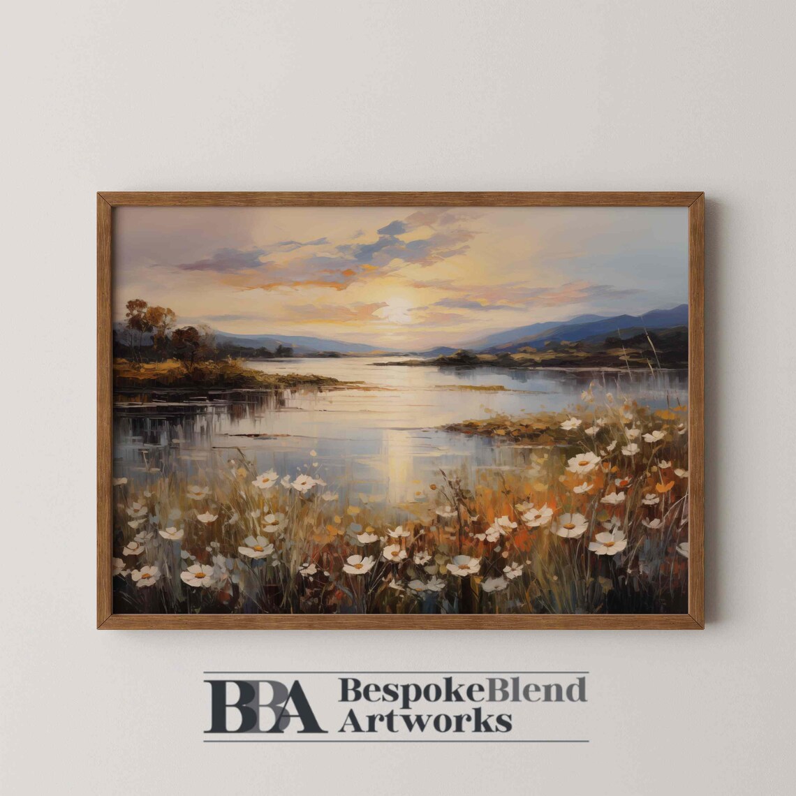 Sunset Lake Wildflower Meadow Impressionist Floral Art Poster