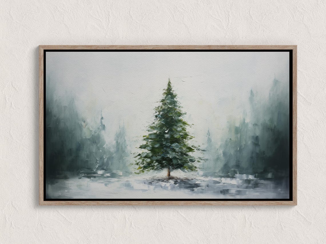 Single Pine Tree Standing in Snowy Winter Mist Oil Painting Wall Art