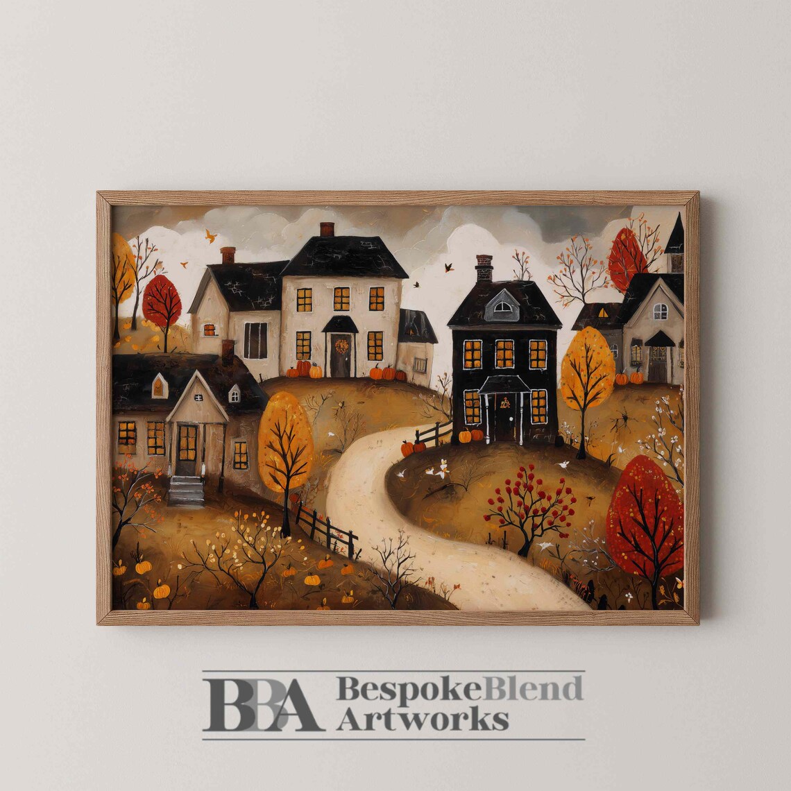 Fall Village Art Print, Rustic Autumn Homes