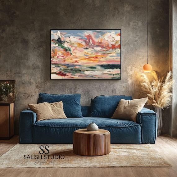 Crimson Sunset Seascape Abstract Ocean Painting Bold Impasto Waves Poster