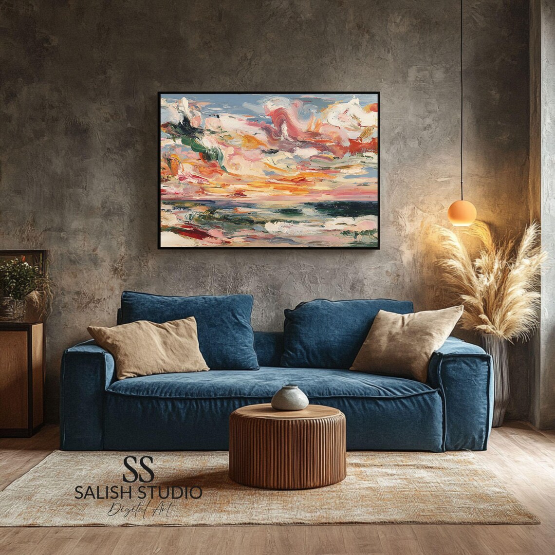 Crimson Sunset Seascape Abstract Ocean Painting Bold Impasto Waves Poster