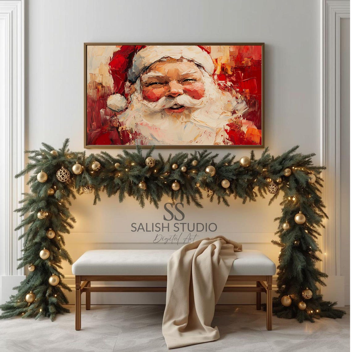 Classic Jolly Santa Claus Face Red Christmas Painting Poster
